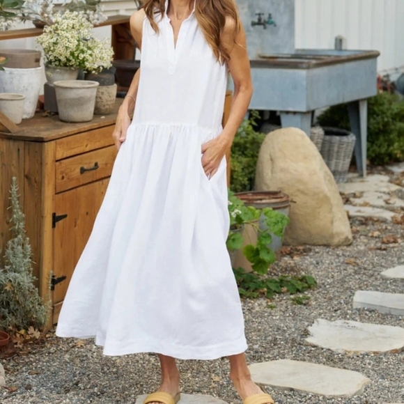 Frank & Eileen Linen Daphne White Midi Dress - Picture 1 of 12
